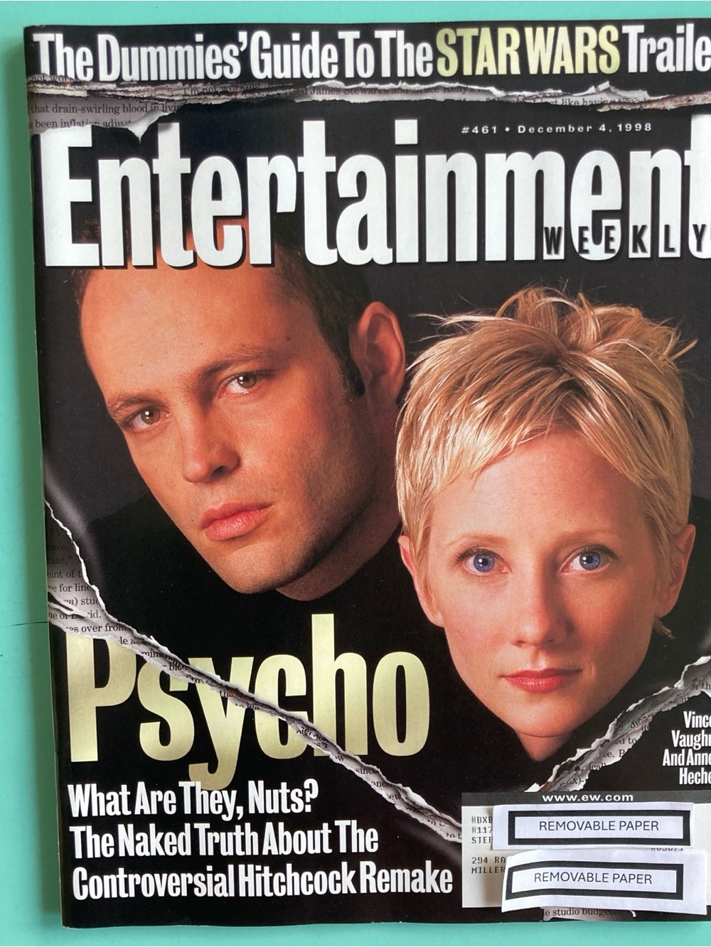 Entertainment Weekly Magazine Psycho Vince Vaughn & Anne Heche - December 4 1998